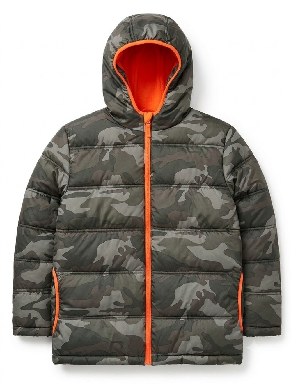 Youth Camo Puffer Jacket with Orange Trim Size 18 XXL